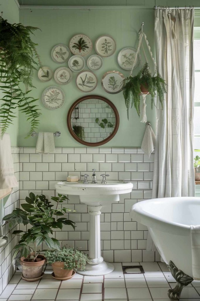 A bathroom with a pedestal sink, a round mirror, potted plants, framed botanical prints on the wall, a white tile backsplash and a bathtub with a shower curtain.