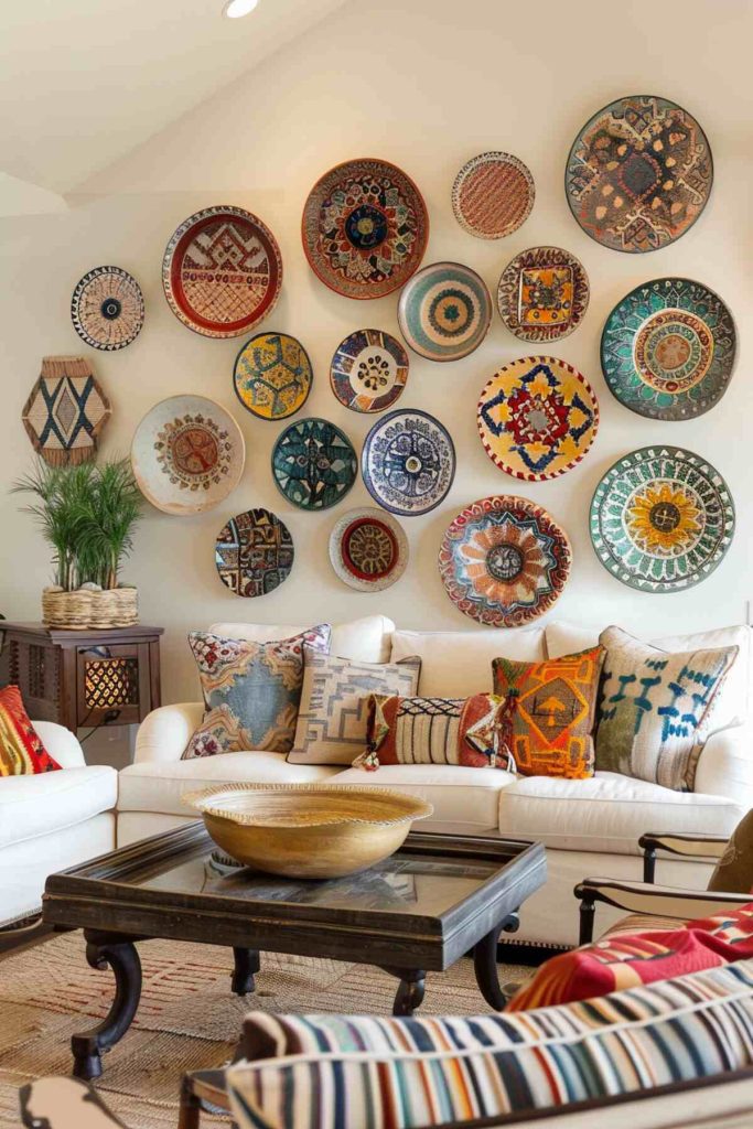 A living room with white sofas, colorful patterned pillows, a glass-topped coffee table and a wall decorated with various decorative plates.