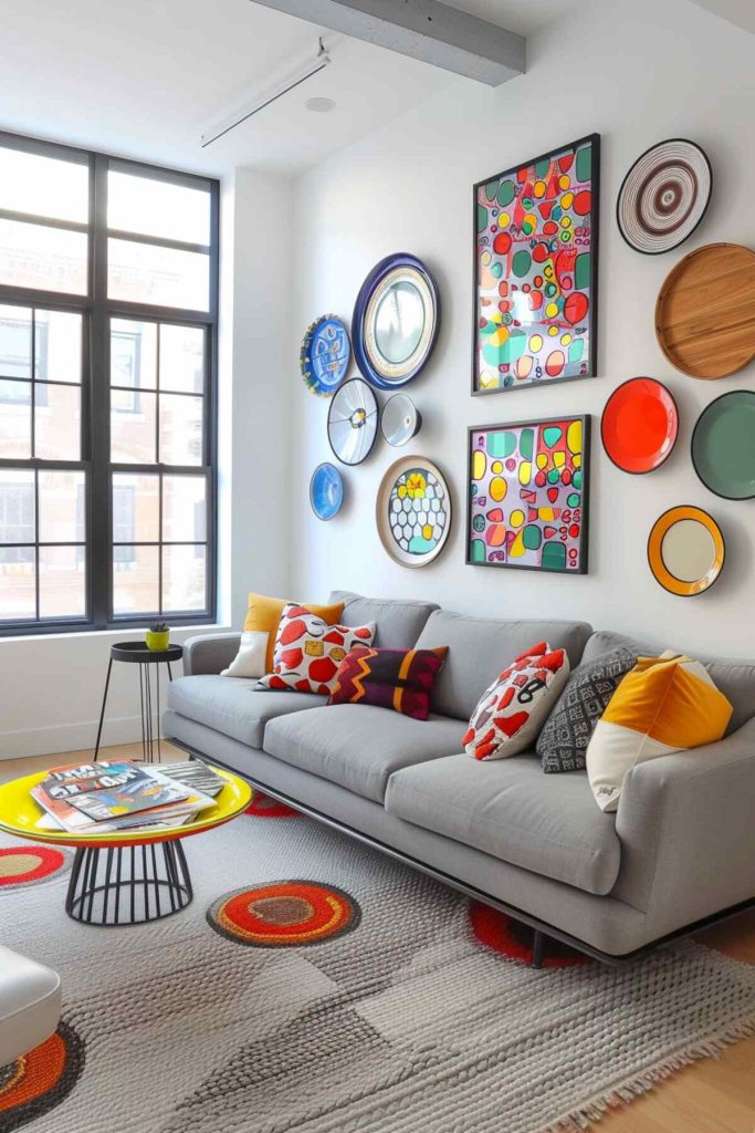 A modern living room features a gray sofa with colorful patterned pillows, a round yellow coffee table, and a wall decorated with various circular art pieces next to a large window.