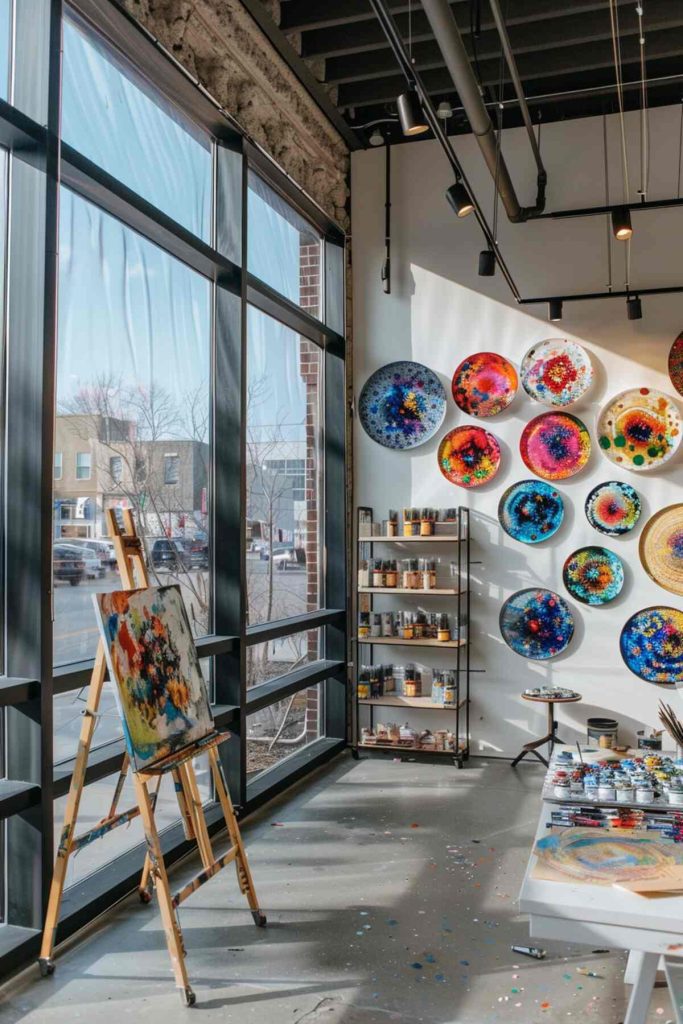 A sunlit art studio with large windows, colorful circular paintings hanging on the wall, an easel with a painting and shelves with art supplies.