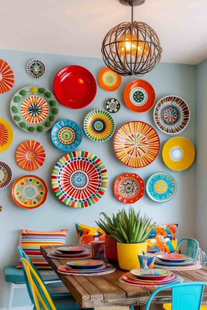 A dining area with a wooden table decorated with colorful plates and a plant. Bright, multi-colored plates are arranged on the wall above and a wire pendant light hangs from the ceiling.