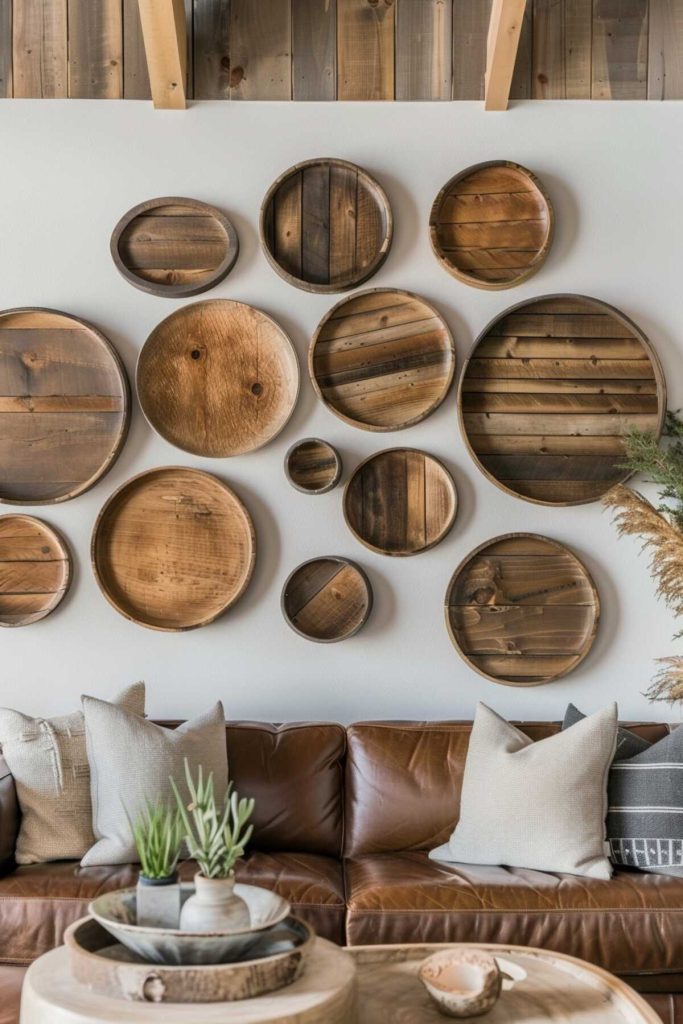 Wall decoration with a collection of round wooden trays in various sizes above a brown leather couch with white and gray cushions. There are plants and a round wooden tray on a small table in front of it.