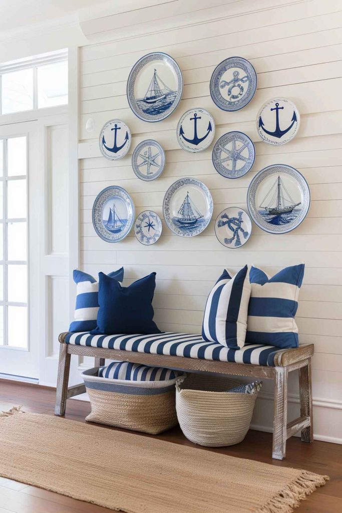 Wooden bench with striped blue and white cushions and cushions, including two woven baskets and a wall decoration with nautical decorative plates in a room with white walls and a wooden floor.