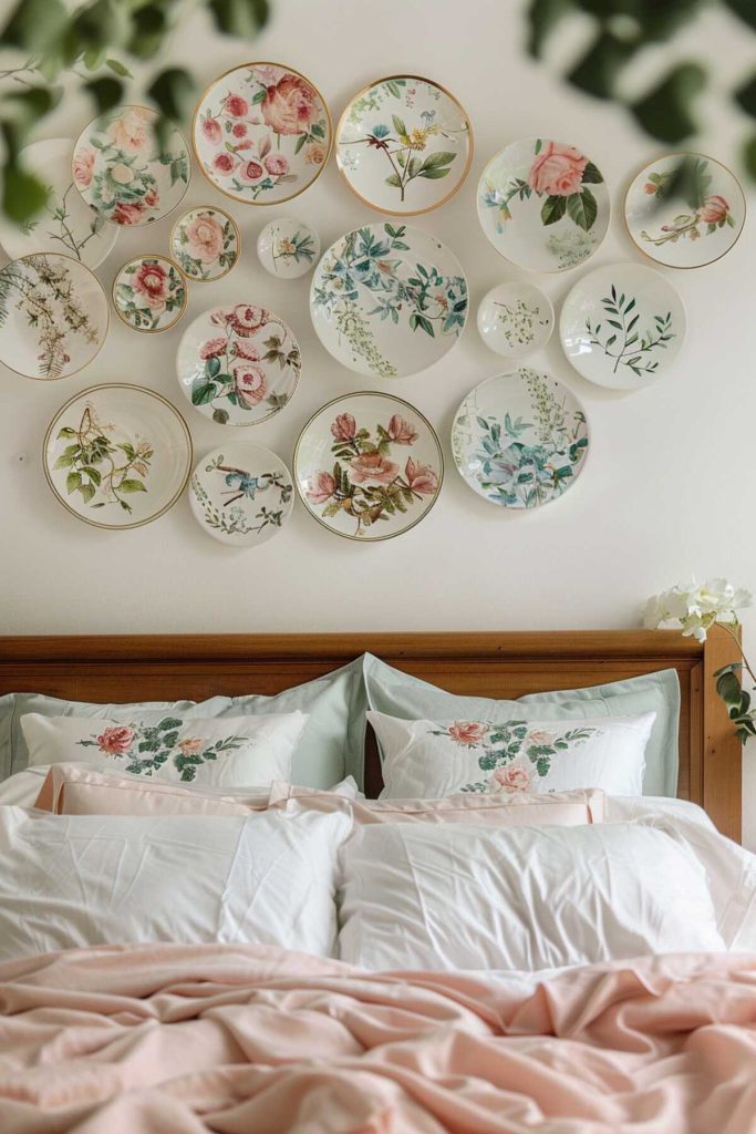 A bedroom with a wooden headboard, floral patterned pillows and sheets, and a wall decorated with various floral-themed plates.