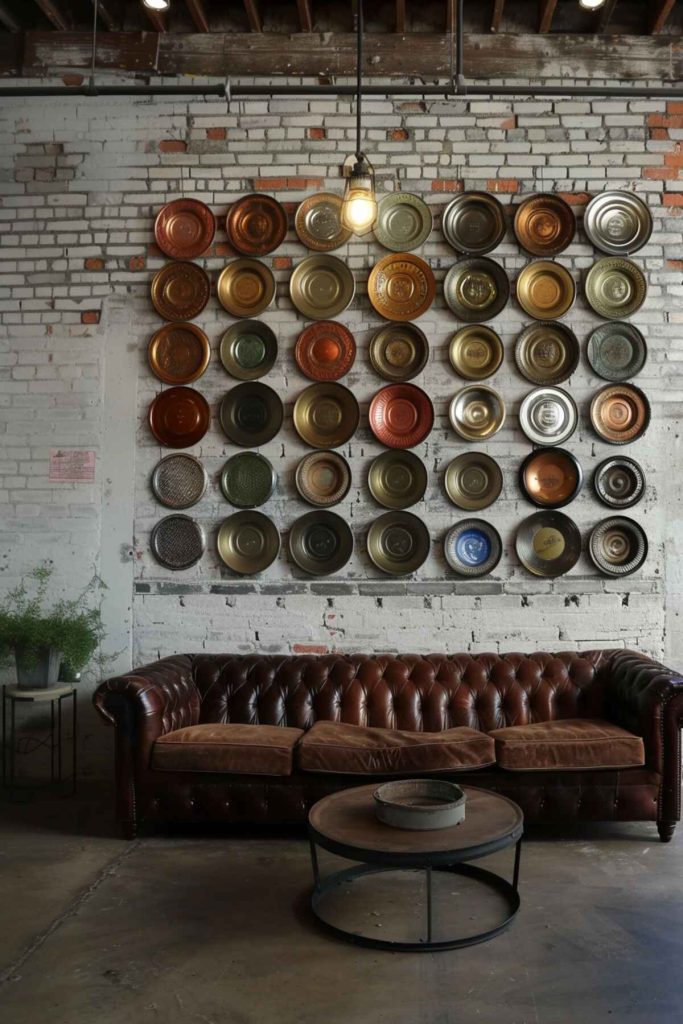 A brown leather couch stands in front of a white brick wall, with circular metal trays arranged in a grid pattern above it. In front of the couch there is a small round table with a hanging light bulb on it.