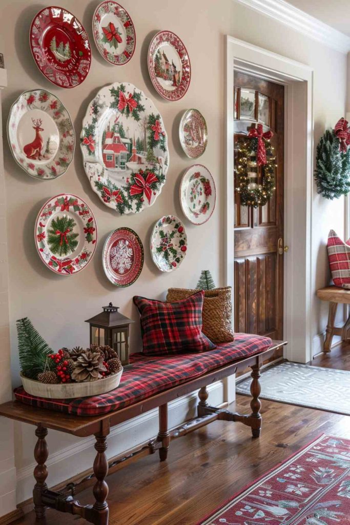 Entrance with a wooden bench with checkered cushions, a lantern, pine cones and a small Christmas tree. An arrangement of festive plates can be seen on the wall. The door is decorated with a wreath.