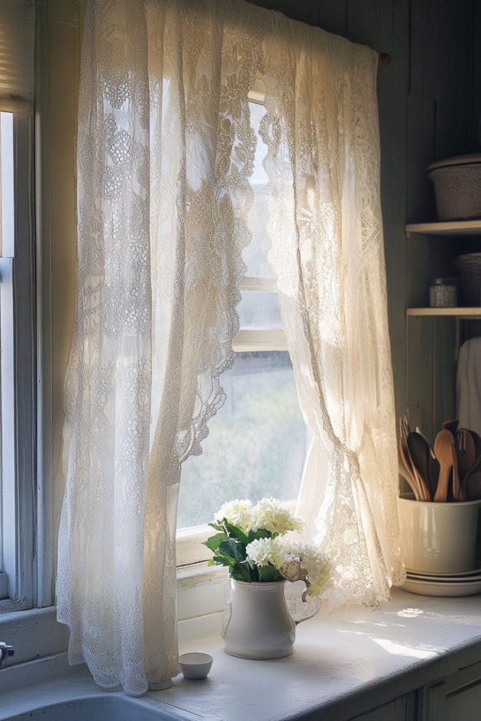 Sunlight shines through lace curtains onto a windowsill with a white jug of flowers, next to a small bowl and a utensil holder.