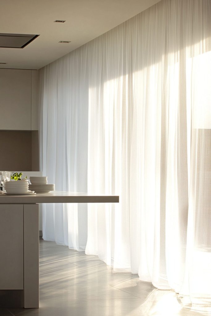 A modern kitchen with white countertops and dishes illuminated by sunlight streaming through transparent white curtains.