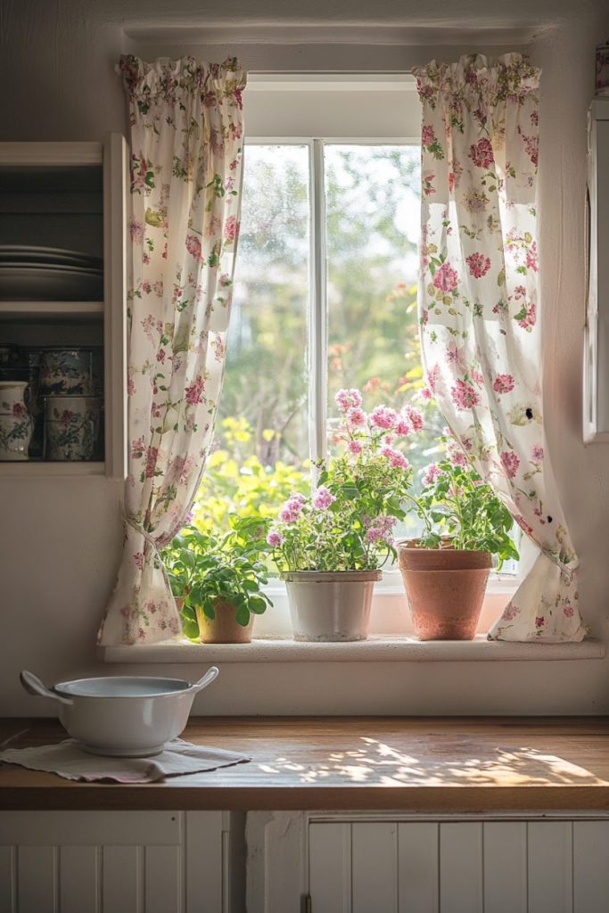 Sunlit kitchen window with floral curtains, three potted plants on the window sill and a white colander on the wooden worktop.