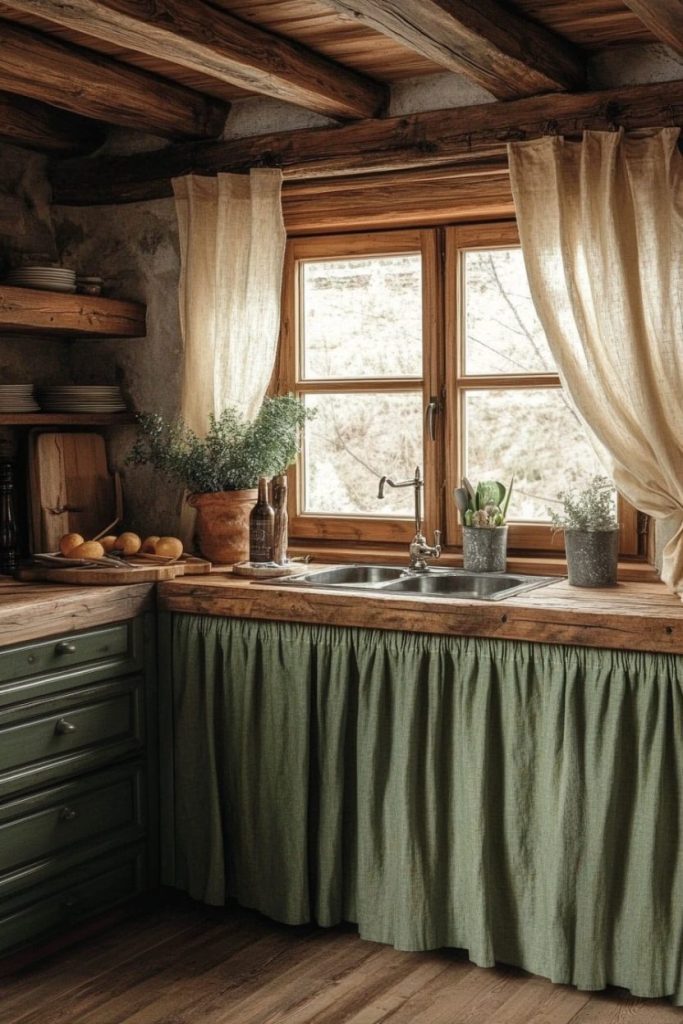 Rustic kitchen with wooden countertops, green cabinets, a sink and a window with sheer curtains. Lemons, kitchen utensils and plants are arranged on the countertop.