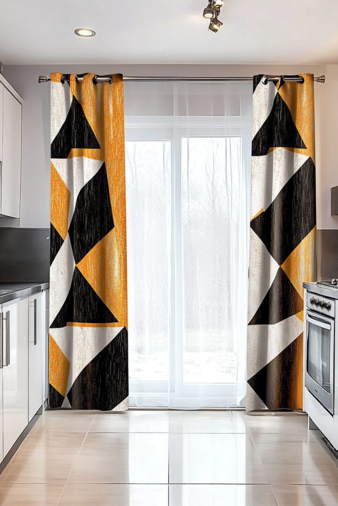 A kitchen with modern appliances and tiled floors, as well as a large window with curtains in a geometric pattern in black, white and orange.