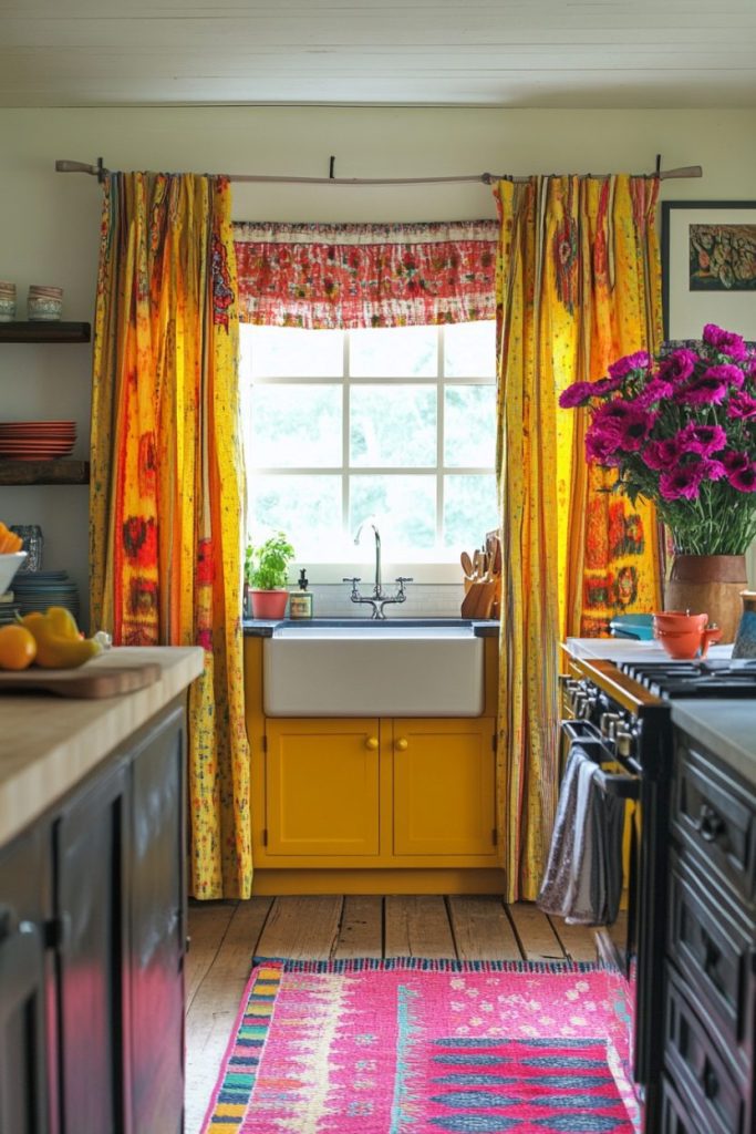 A kitchen with bright yellow cabinets, floral curtains and potted flowers next to the sink. There is a colorful carpet on the wooden floor, and there are dishes and cookware on shelves.