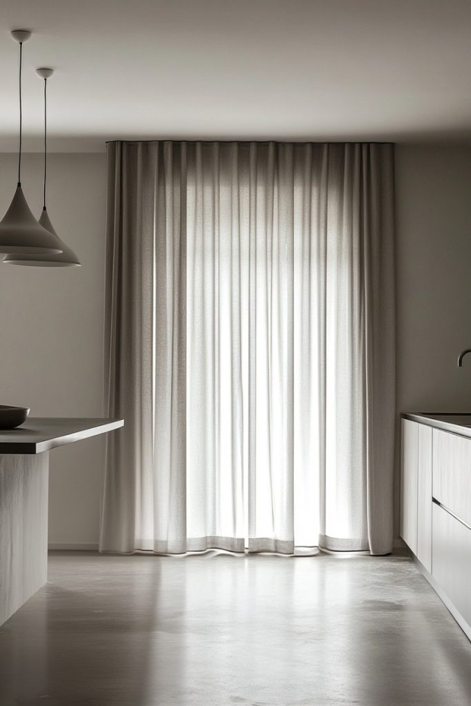 Minimalist kitchen with light gray curtains, pendant lights and elegant countertops.