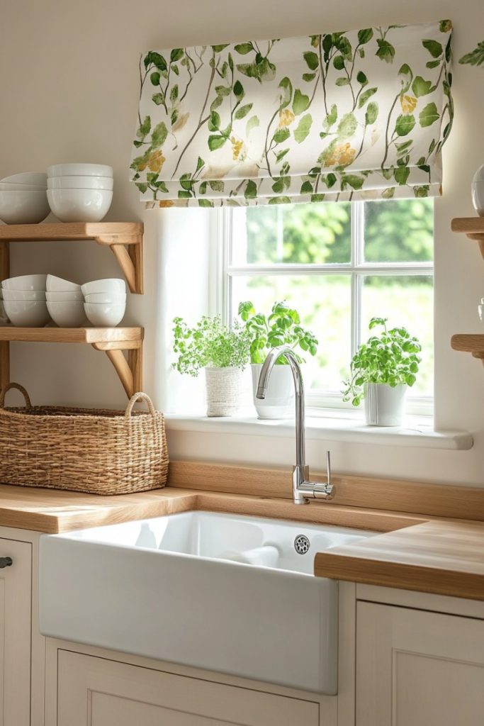 A kitchen with a white farmhouse sink, wooden countertops and open shelves with white bowls. A window with a leaf-patterned curtain offers a view of potted plants.