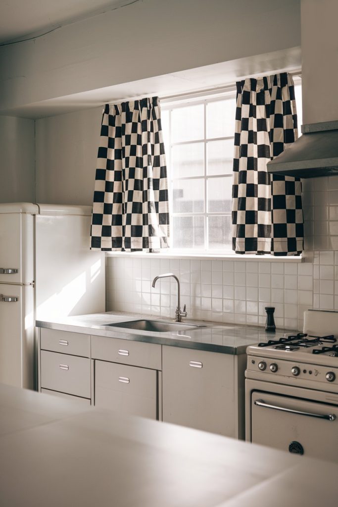 A kitchen with checkered curtains, a window, a white refrigerator, a sink and a vintage stove.