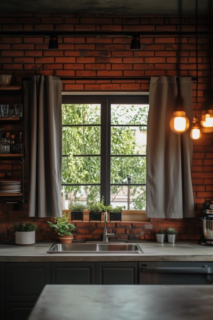 A cozy kitchen with brick walls, a sink under a window, plants on the windowsill and hanging lamps.