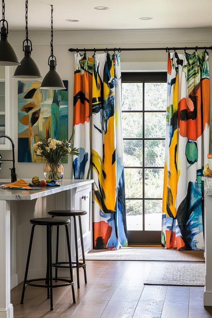 Colorful abstract curtains hang in front of a glass patio door in a kitchen with a white island, black bar stools, pendant lights and a canvas painting on the wall.