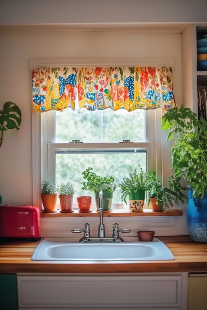 Kitchen window with colorful curtains, potted plants on the windowsill, a red toaster and a white sink on a wooden countertop.