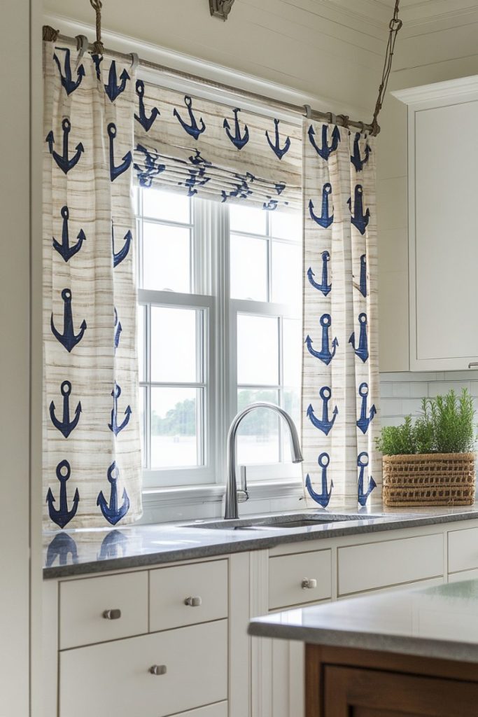 Kitchen window with white curtains with a blue anchor pattern, silver faucet and a potted plant on the countertop.