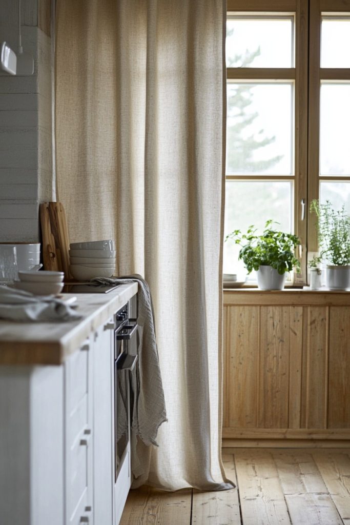 A kitchen with wooden floors, white cabinets, a curtain and a window with potted plants.