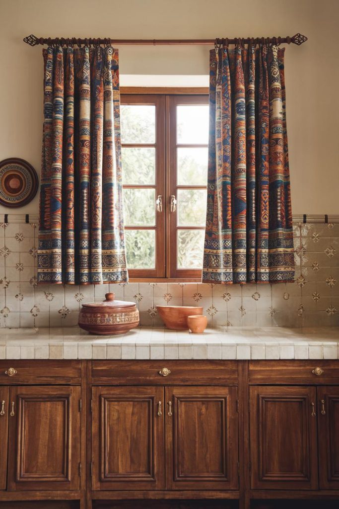 Kitchen with wooden cabinets, patterned curtains, ceramic pots and a tiled backsplash under a window that allows you to see the greenery outside.