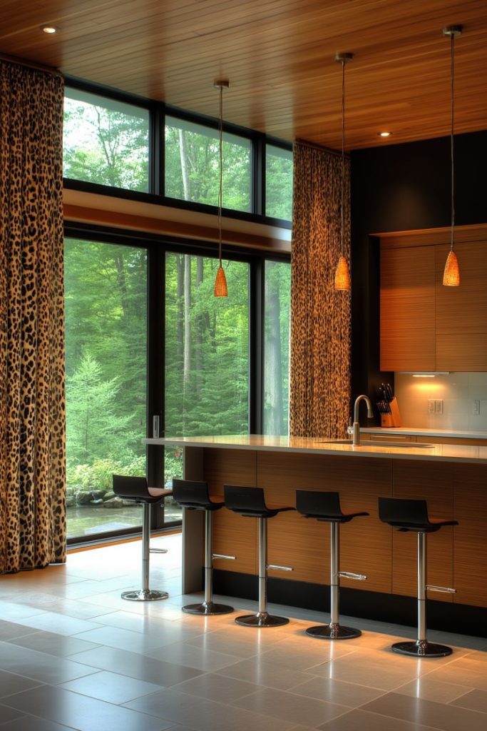 Modern kitchen with wooden ceiling, kitchen island with four stools, leopard print curtains and large windows with forest views.