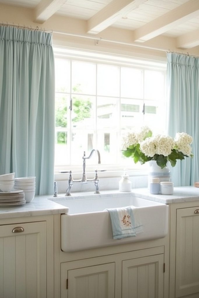 A country-style kitchen sink with a white apron, blue curtains and a bouquet of white flowers on the countertop.