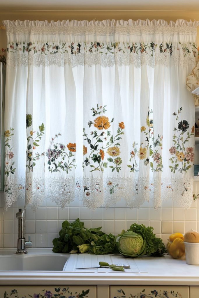 White lace curtains with colorful floral embroidery hang over a kitchen sink. There are green vegetables and lemons on the counter below.