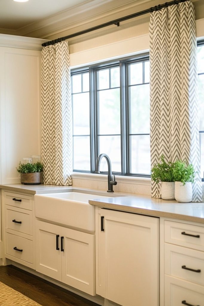 A kitchen with white cabinets, a large farmhouse sink, a black faucet and geometric patterned curtains. Potted plants are placed on the countertop.