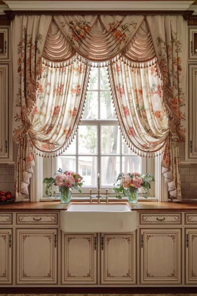 A classic kitchen window with floral curtains, a farmhouse sink and two flower vases on the countertop. Decorated cabinets surround the window.