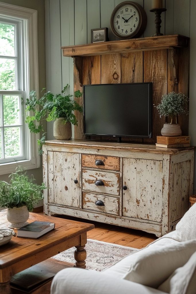 Rustic living room with vintage sideboard, television, wall clock and potted plants. Light streams through a window, illuminating a wooden coffee table and a white sofa.