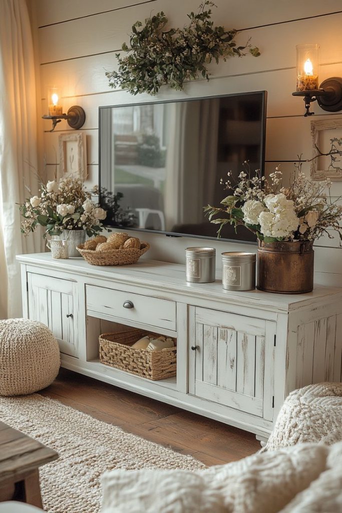 A cozy living room with a wall mounted television above a white rustic cabinet. Decorations include plants, flowers, stools and candles, creating a warm and inviting atmosphere.