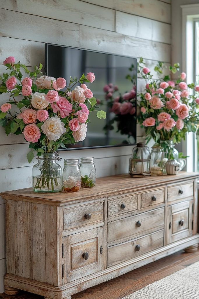 Rustic wooden sideboard with floral arrangements, glasses and a large wall-mounted TV in a bright room.