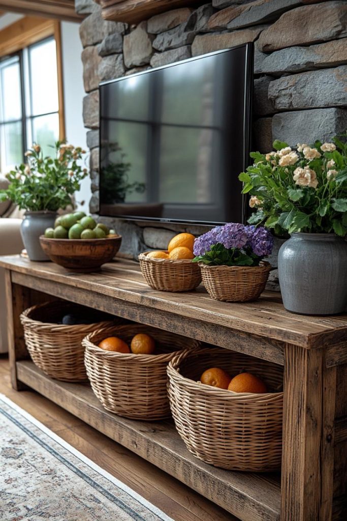 Wooden console with television, fruit baskets and potted plants in front of a stone wall in a cozy room.