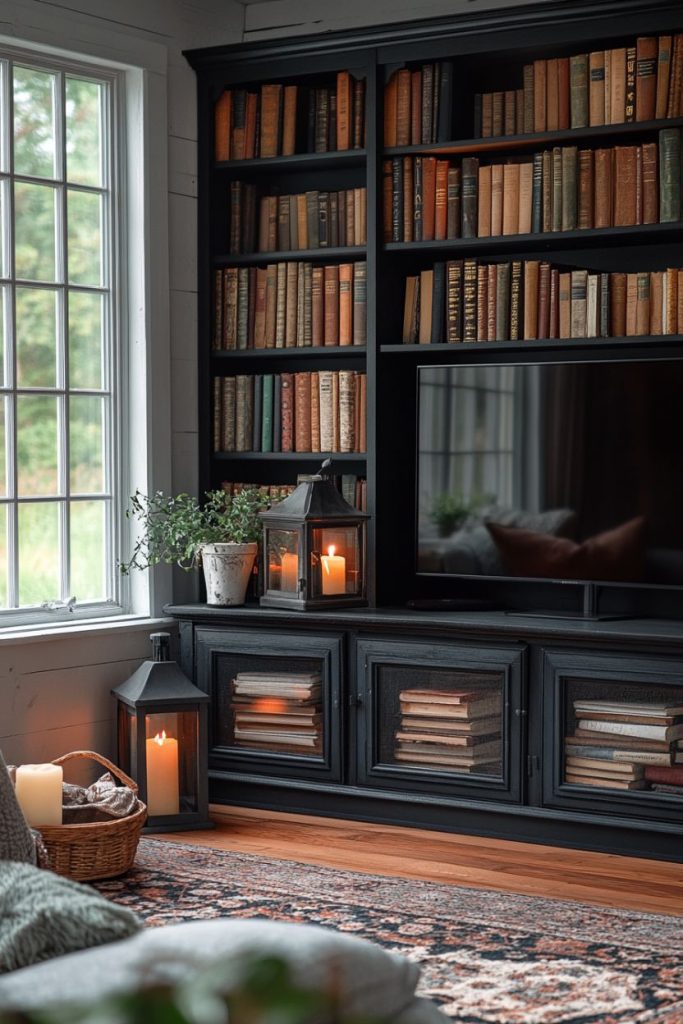 A cozy living room with a large bookshelf full of books, a television, burning candles in lanterns and a large window letting in natural light. There is a basket with a candle on the floor.