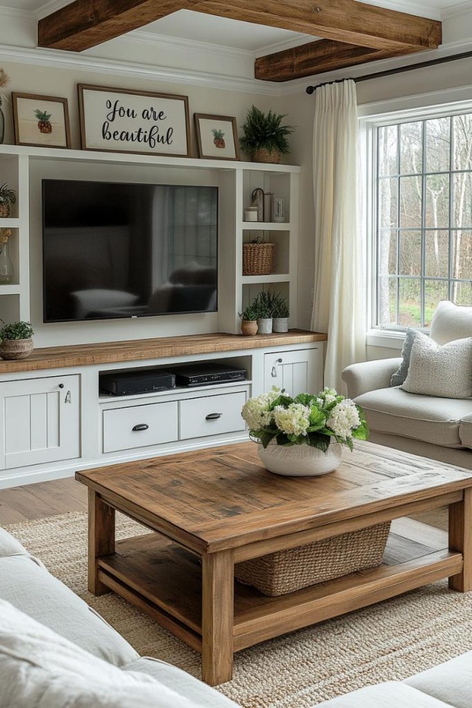 A cozy living room with a wooden coffee table, a large TV and a shelf. The decor includes plants and a frame "You are beautiful" Sign. Natural light enters the room through a large window.