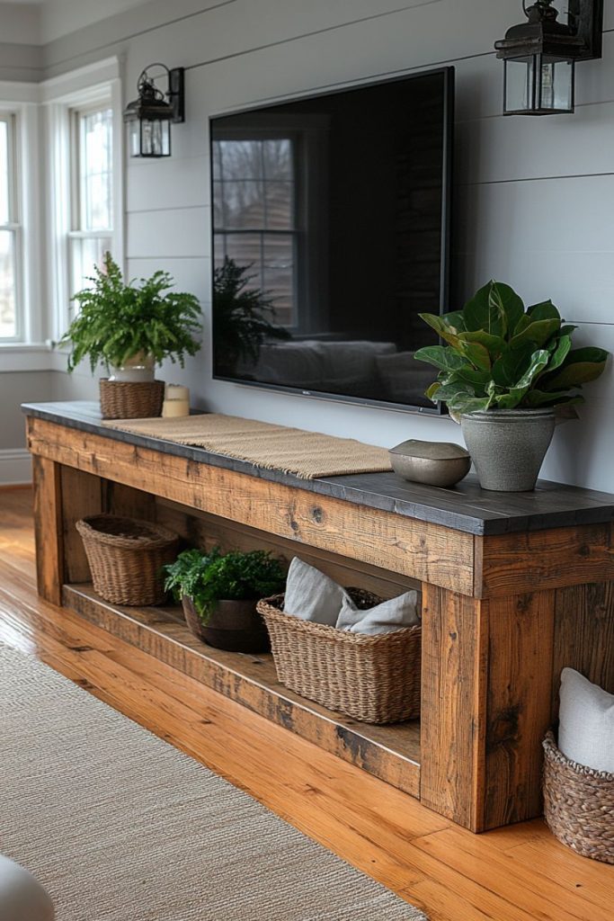 A modern living room with a large flat screen TV on one wall, a wooden console table with plants and baskets, and a light rug.