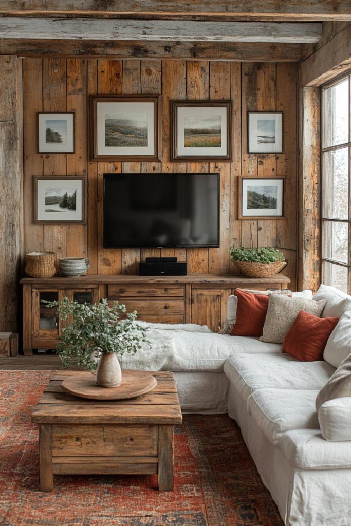 A rustic living room with a white sofa set, red pillows, a wooden coffee table and a wall mounted television. Framed pictures hang on the walls and the room has large windows.