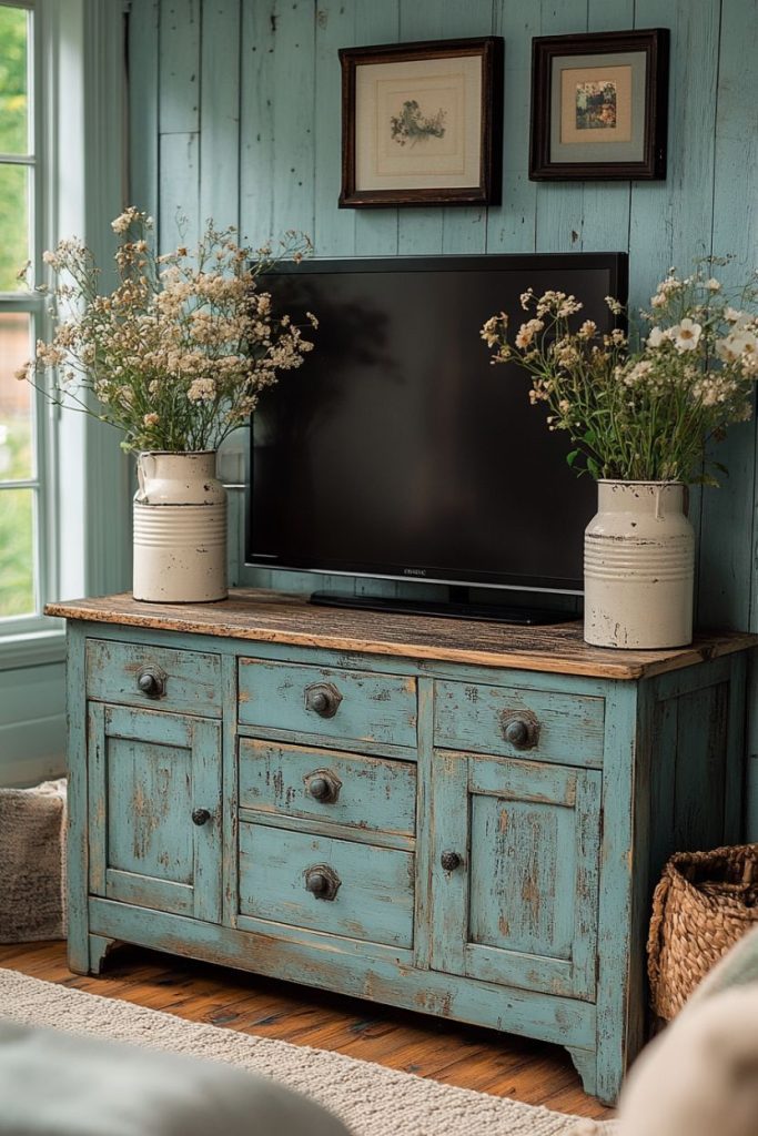 A flat-screen television sits in a rustic blue wooden cabinet, flanked by two vases of white flowers. The room features teal wood paneling walls and framed artwork.