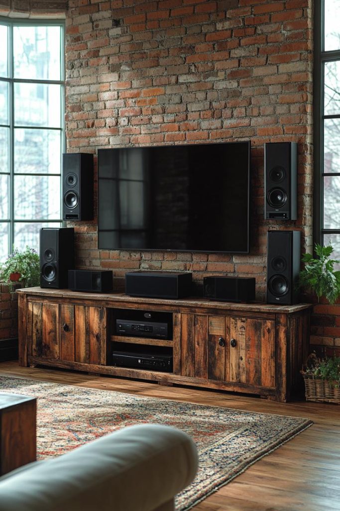 A rustic living room with a brick wall features a large flat-screen TV, multiple speakers and a wooden media console. Large windows and a patterned carpet complete the cozy furnishings.