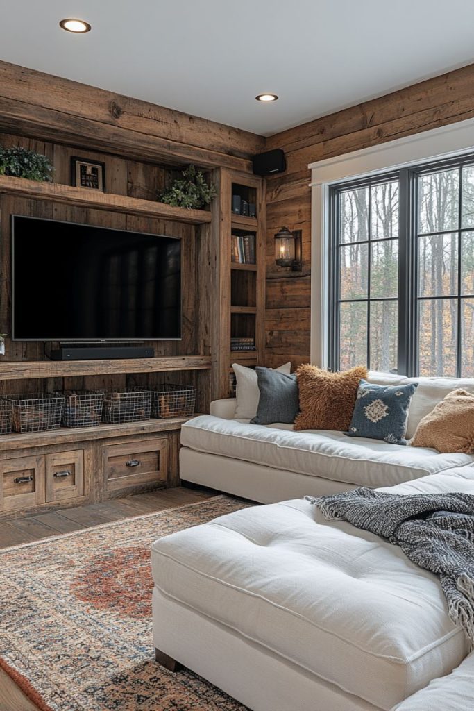 Cozy living room with rustic wood paneling, a flat-screen TV, white sofa sets and a patterned rug. Large windows provide natural light.