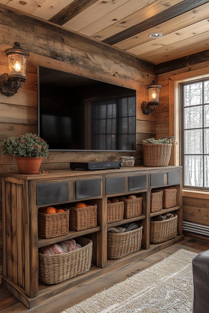 Rustic living room with large television on a wooden stand. There are baskets on the shelves filled with various items. Wooden walls and ceiling, two sconces and a window on the right.