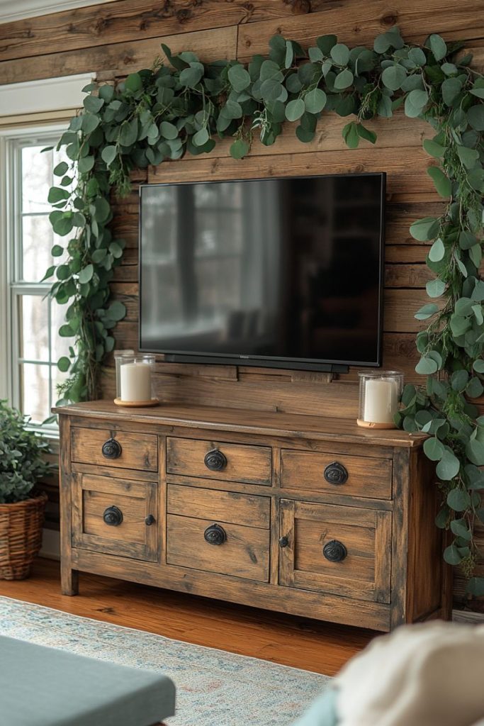 A wall-mounted television above a rustic wooden dresser with three drawers and two cabinets, flanked by large candles. Green decorates the wall and creates a cozy, natural atmosphere.