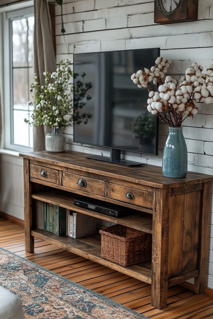 A rustic wooden TV stand with drawers and shelves provides space for a flat-screen TV. Vases with white flowers and cotton branches decorate the surface. A window is visible on the left.