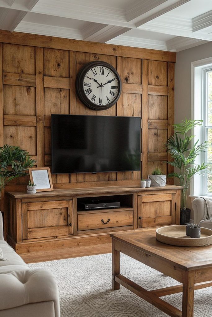 Living room with wood accent wall, large clock, flat screen TV and wood furniture. Two potted plants flank the television and a window provides natural light.