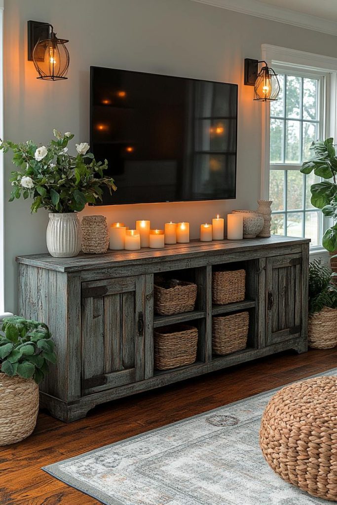 Cozy living room with wall-mounted television, candles on a rustic cupboard and baskets underneath. Two lantern wall lights and potted plants accent the space.