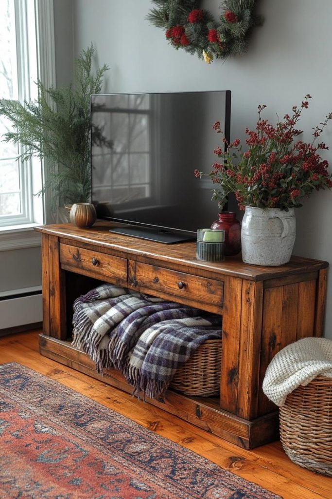 Cozy living room with a wooden TV stand, checkered blankets, baskets and winter decorations including a wreath and a berry arrangement on top.