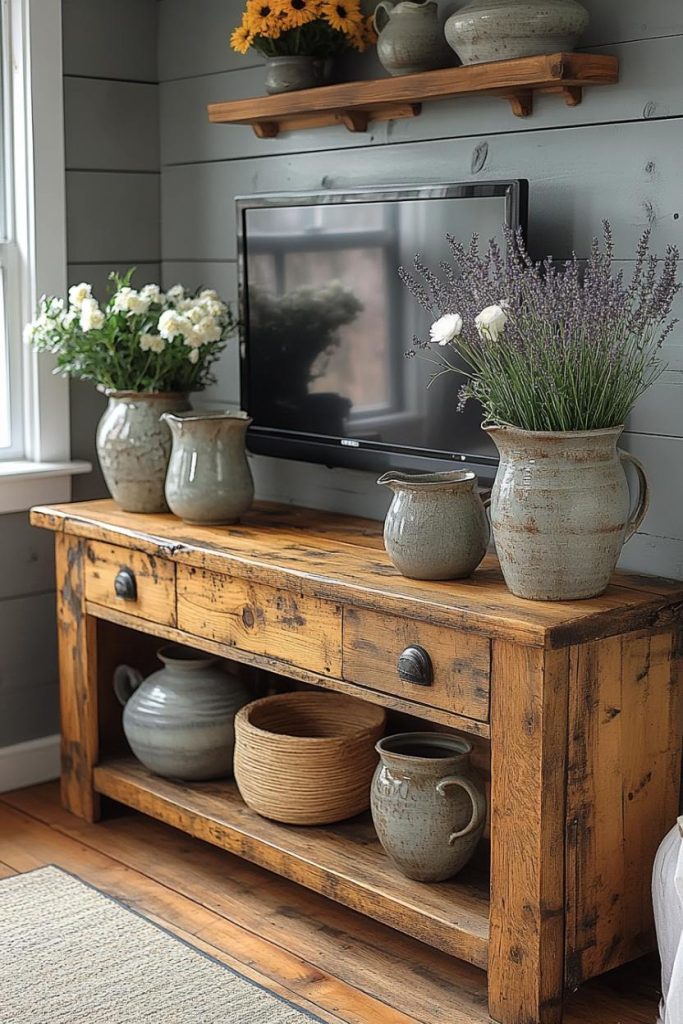 Rustic wooden console with ceramic jugs and potted flowers, wall mounted TV and wooden shelves with additional decoration to create a cozy room atmosphere.