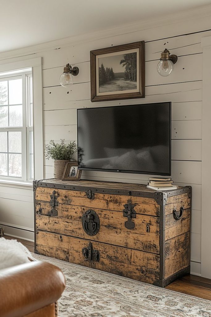 A rustic wooden chest serves as a TV stand in a room with stepped walls. A painting, two sconces and a window decorate the room. There is a small potted plant and books on the chest.