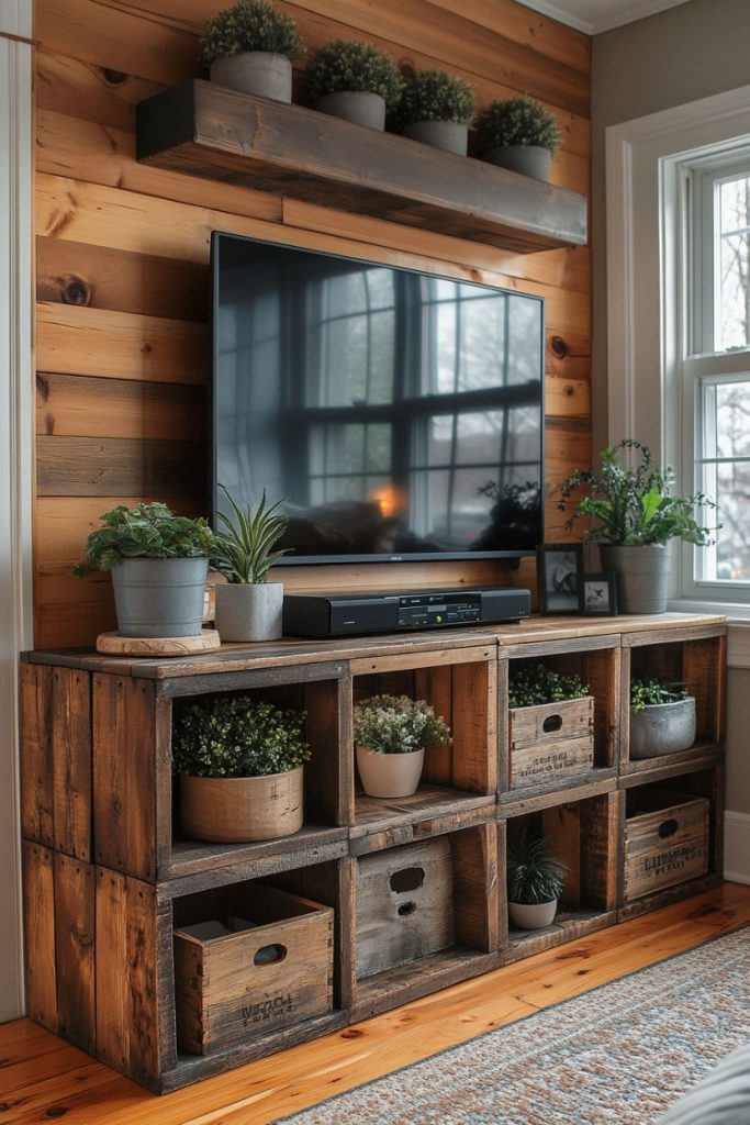 Rustic living room with mounted television surrounded by wooden shelves and various potted plants.